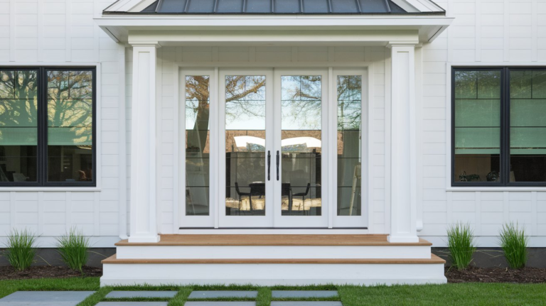 brighton modern fiberglass 3 lite clear glass double door