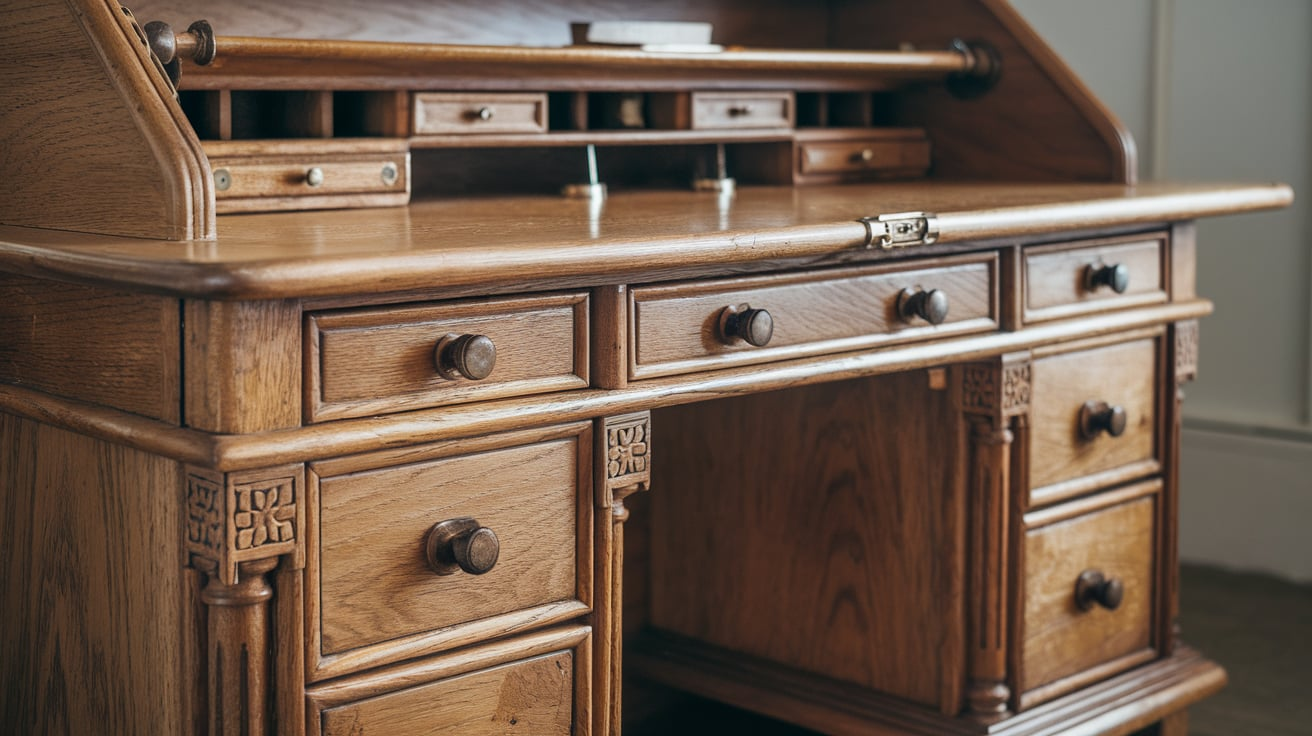 antique faux quarter sawn oak desk with square nuts